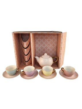 FAO Schwarz Ceramic Childrens Tea Set 10pc Pastel Hand Glazed Gold Accent Tea Pa